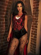 Female vampire, top and shorts costume, brocade, velvet, cape, stay up collar